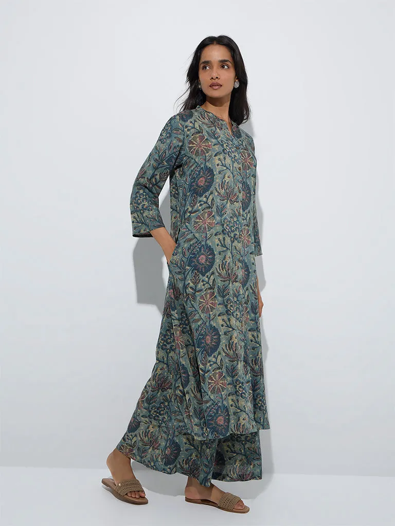 Utsa Blue Floral Printed A-Line Kurta