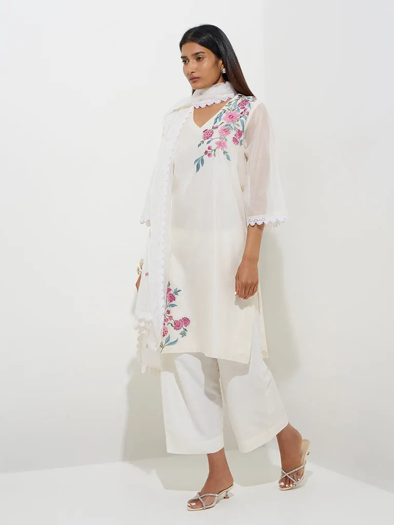 Vark White Floral A-Line Kurta. Palazzos and Dupatta Set