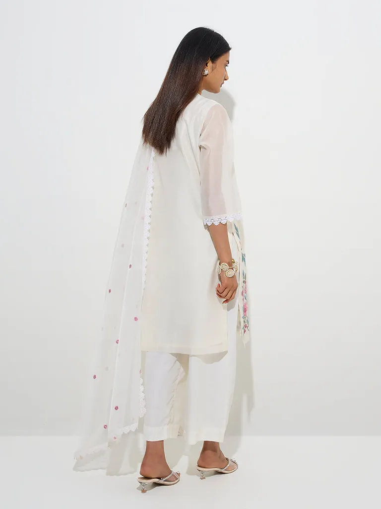 Vark White Floral A-Line Kurta. Palazzos and Dupatta Set