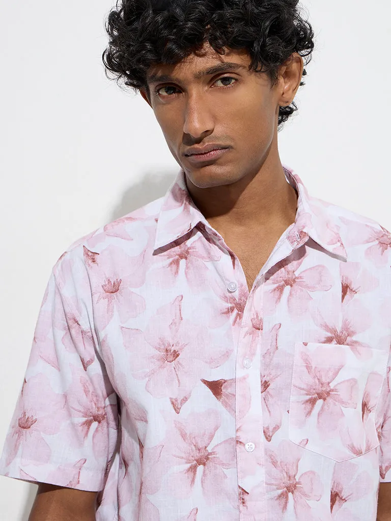 WES Casuals Dusty Pink Printed Relaxed-Fit Cotton Shirt