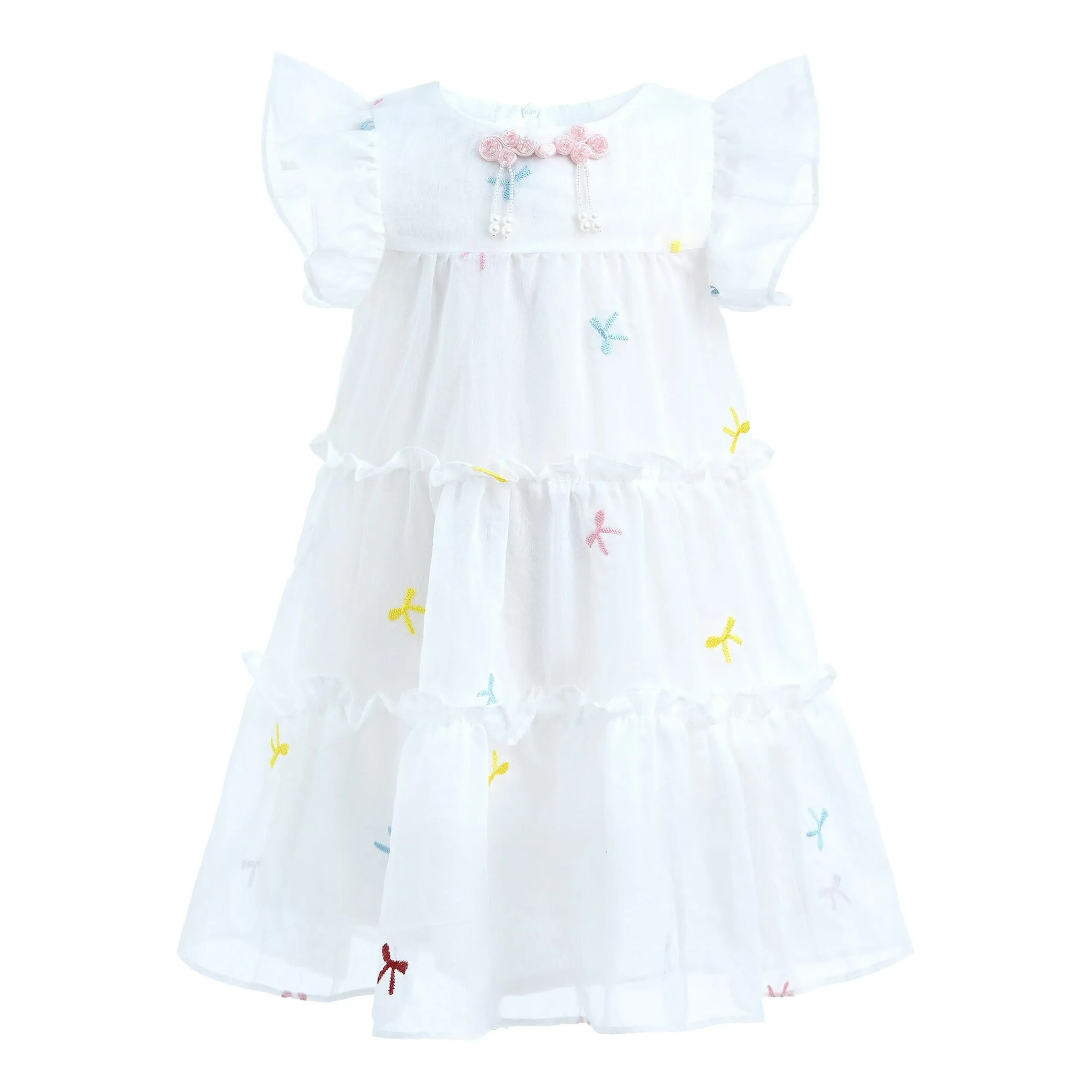 White Bow Embroidered Summer Dress
