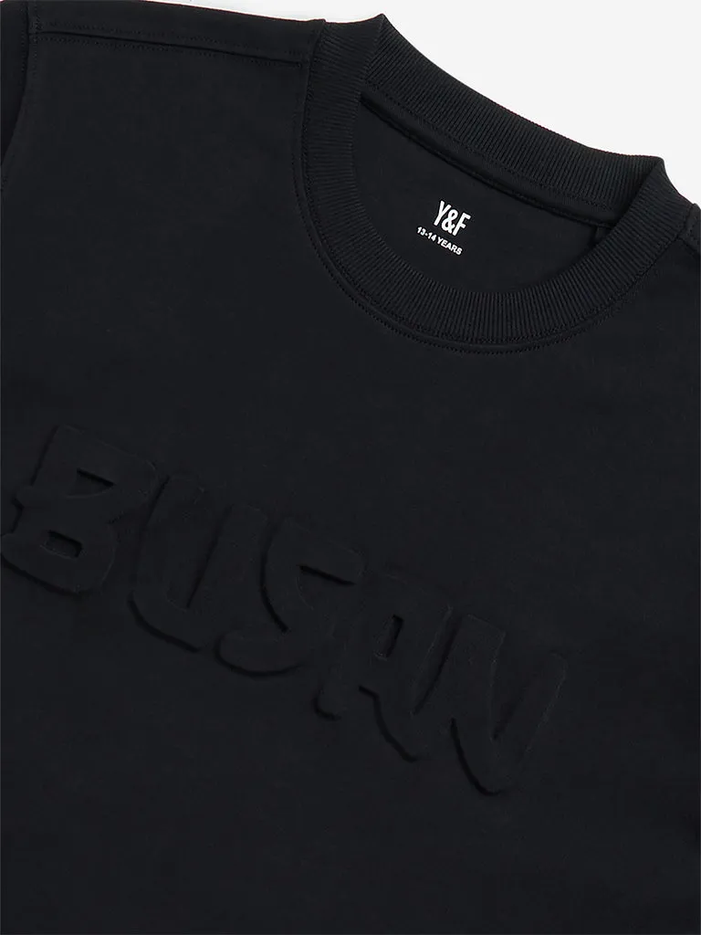 Y&F Kids Black Text Embossed Cotton T-Shirt