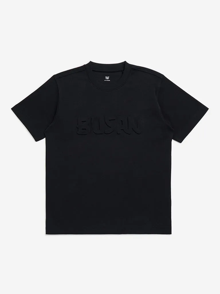 Y&F Kids Black Text Embossed Cotton T-Shirt