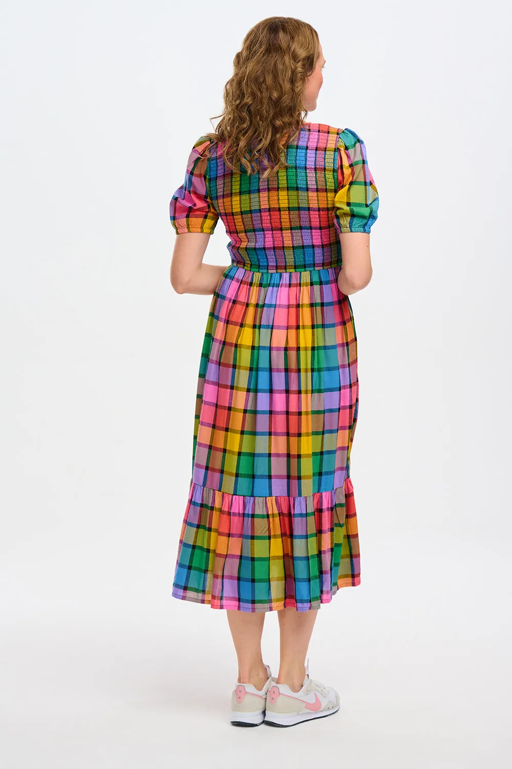Yolanda Midi Shirred Dress - Multi. Summer Rainbow Check