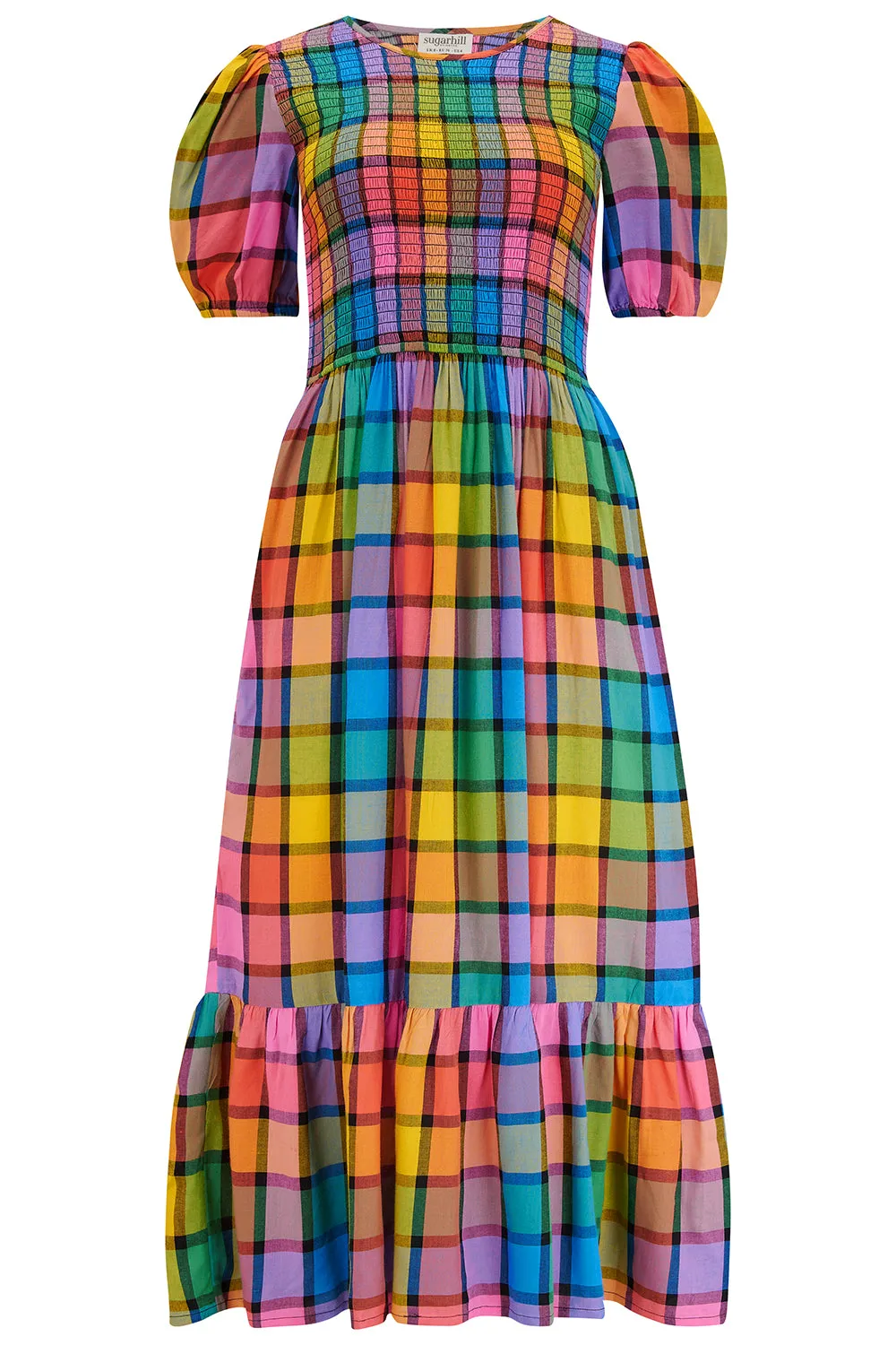 Yolanda Midi Shirred Dress - Multi. Summer Rainbow Check
