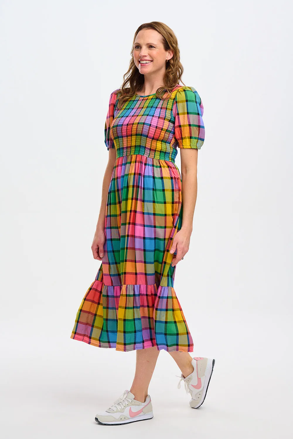 Yolanda Midi Shirred Dress - Multi. Summer Rainbow Check