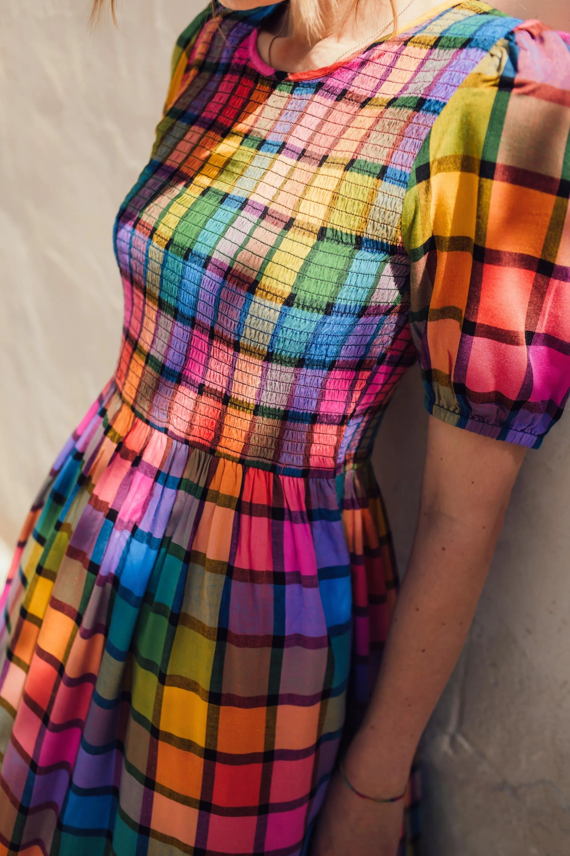 Yolanda Midi Shirred Dress - Multi. Summer Rainbow Check