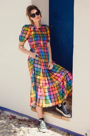 Yolanda Midi Shirred Dress - Multi. Summer Rainbow Check