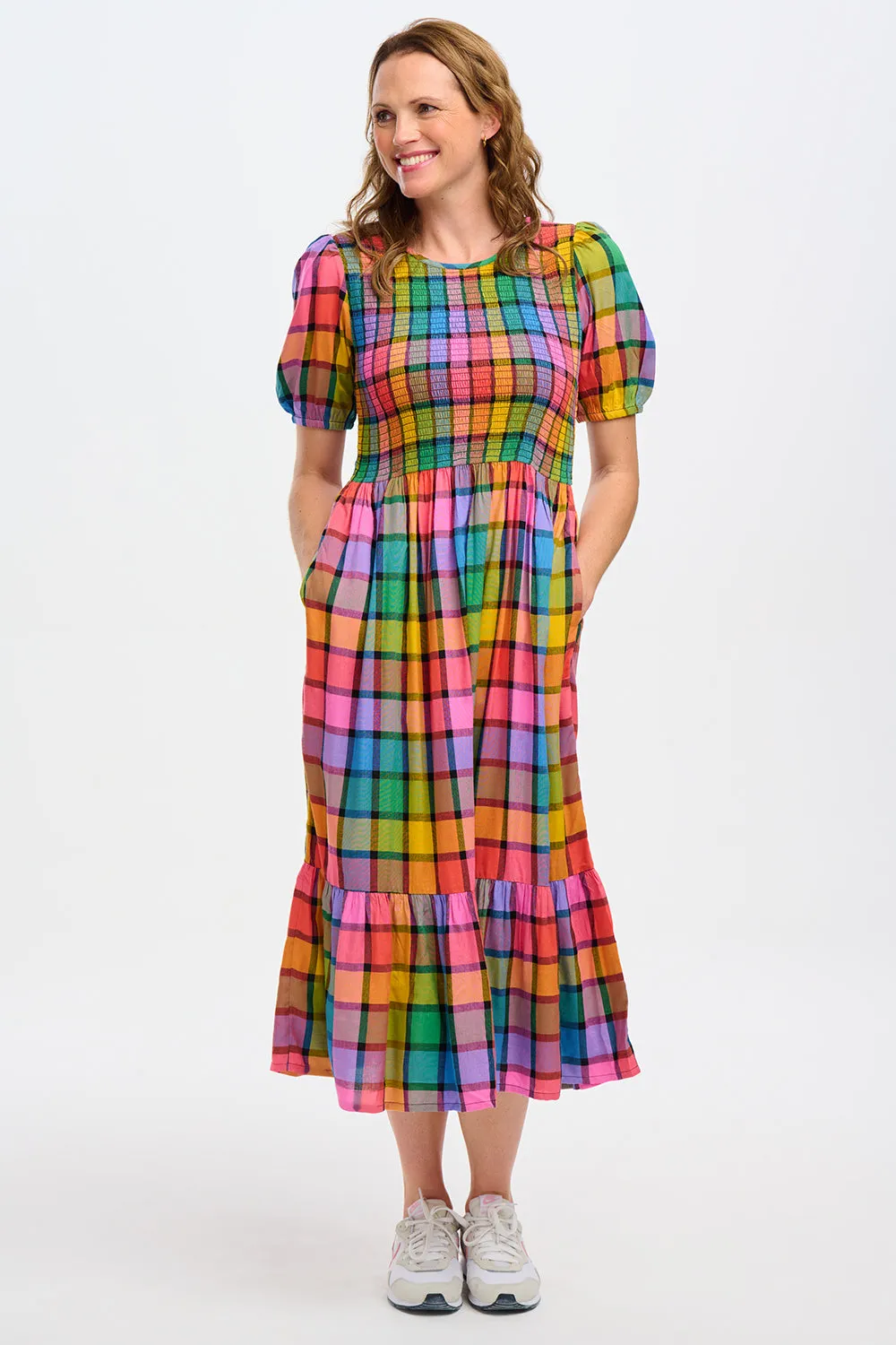 Yolanda Midi Shirred Dress - Multi. Summer Rainbow Check